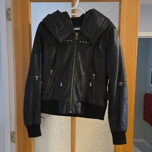 Black Leather Jacket with Zipper Details and Hood